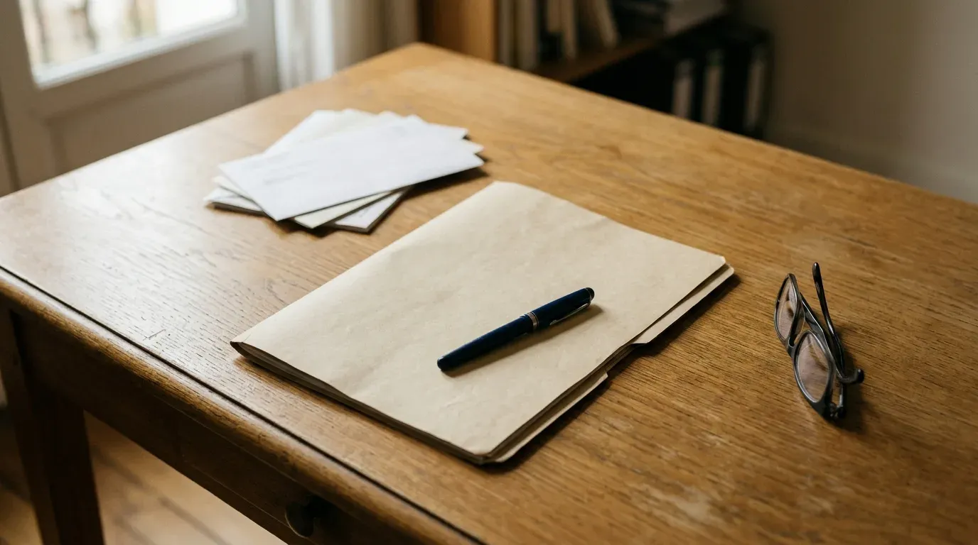 Un dossier de contrat de prévoyance fermé sur un bureau, avec un stylo et des relevés posés à côté