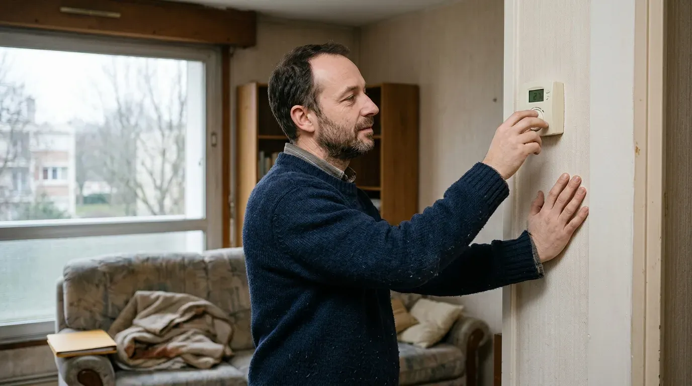 Un homme règle le thermostat mural du chauffage de son salon