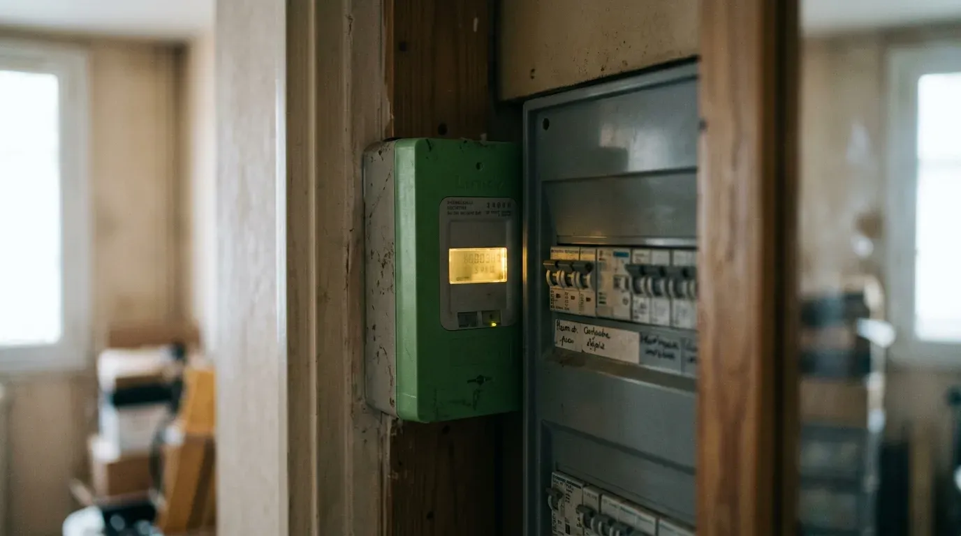 Un compteur électrique Linky fixé au mur, avec ses voyants lumineux visibles dans la pénombre
