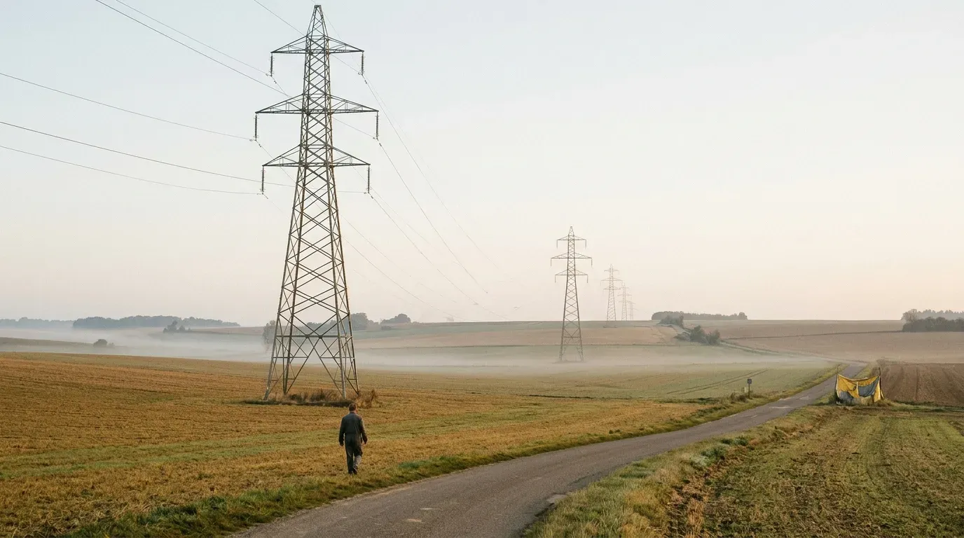 Des lignes à haute tension traversent une campagne française au petit matin