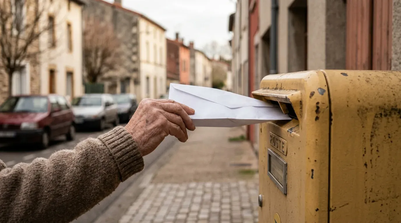 Une personne poste une lettre recommandée de résiliation dans une boîte aux lettres