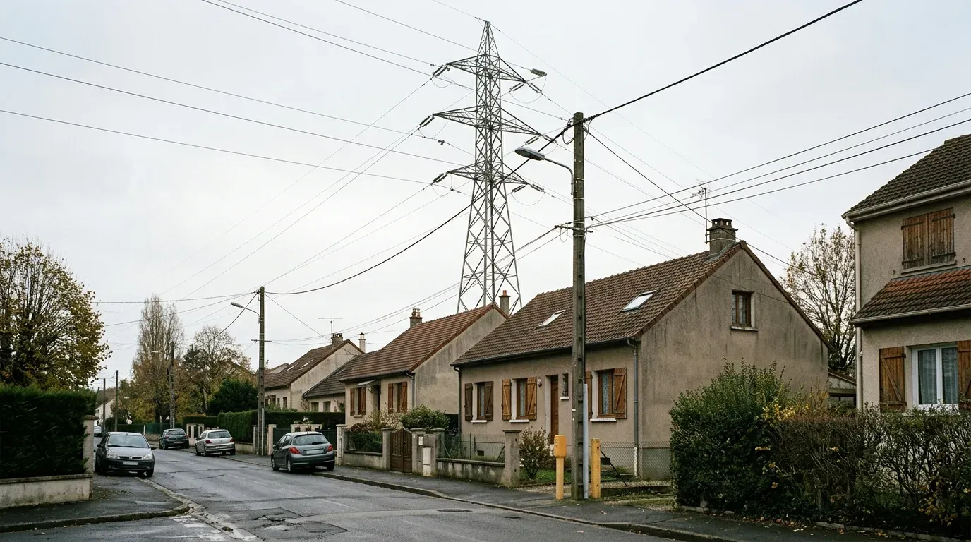 Un pylône électrique de moyenne tension se dresse au-dessus d'un lotissement de maisons individuelles