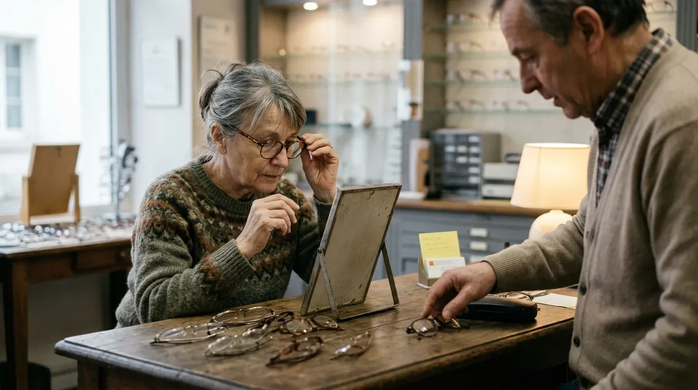 Une personne âgée essaie une paire de lunettes chez un opticien, plusieurs modèles posés sur le comptoir