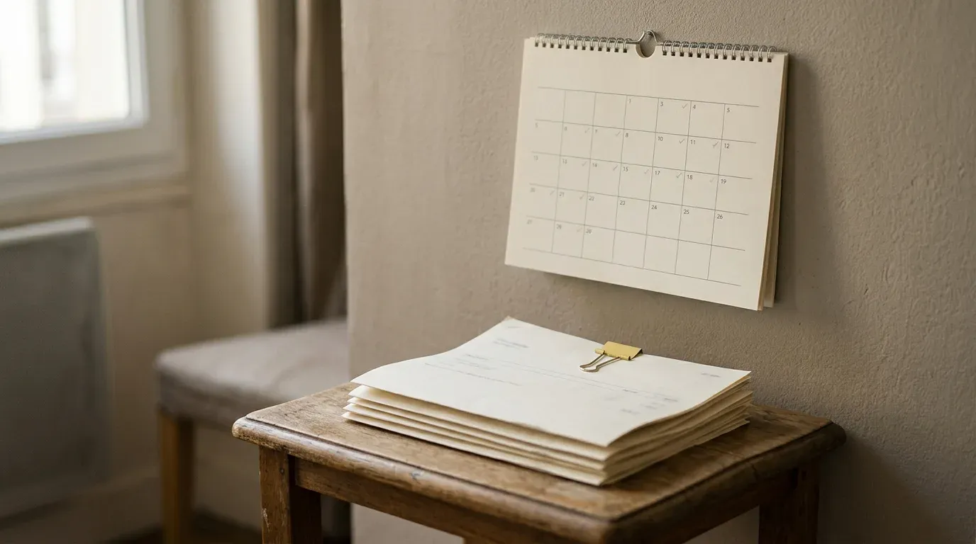 Un calendrier mural et une pile de relevés de cotisation posés côte à côte sur une table, ambiance sobre